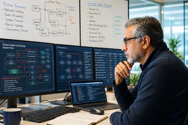 An engineer studying a patient intake-to-discharge system flow and its failure scenarios across several monitors and whiteboards.