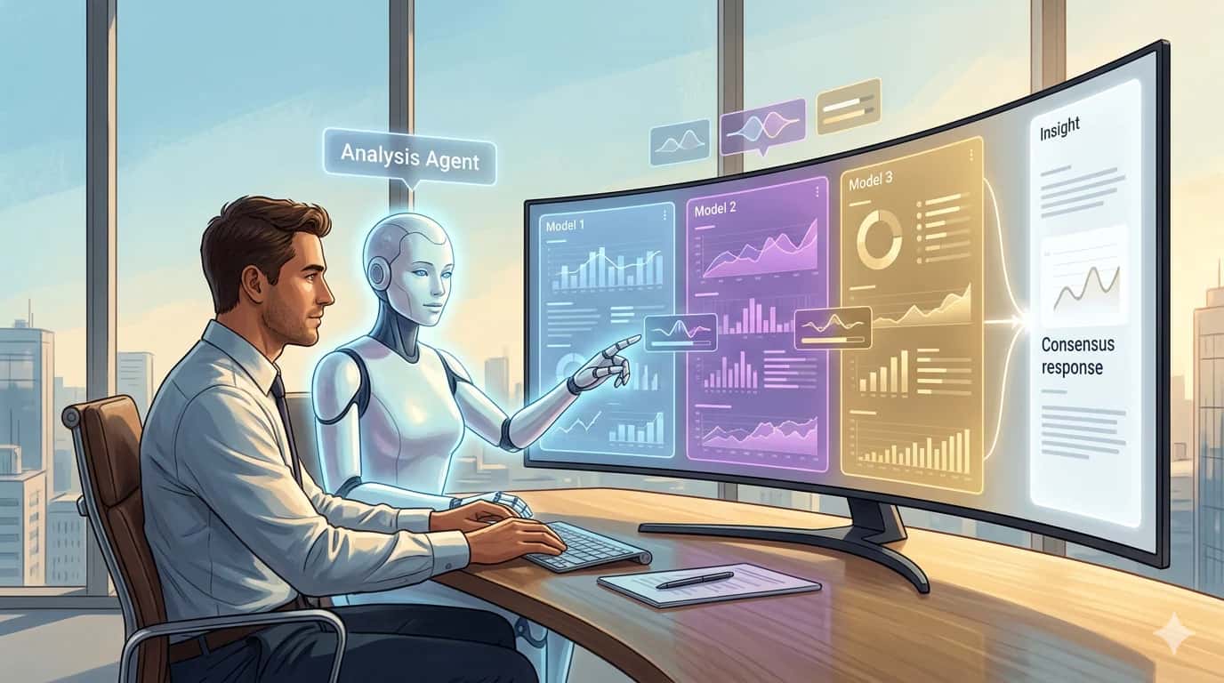 A man at a curved monitor while an Analysis Agent points to three model panels, Model 1, 2 and 3, that merge into a single consensus response.