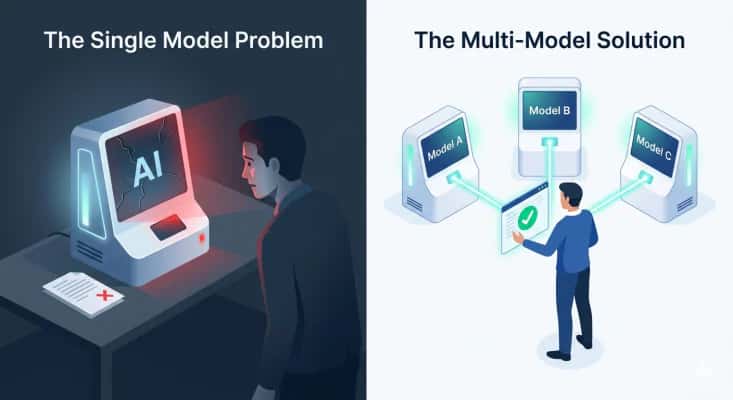 Split illustration: on the left, a person frowning at a single cracked AI terminal beside a rejected document; on the right, a person approving a result fed by three models, A, B and C.