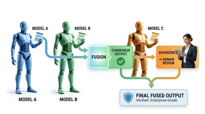 Models A and B feed a fusion step that yields a consensus output, while Model C's divergent answer is routed to a person for human review; both paths end in a verified final fused output.