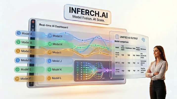 An Inferch dashboard titled 'Model Fusion. At Scale.' showing many models routed into a unified AI output with a model comparison table, watched by a woman standing beside it.