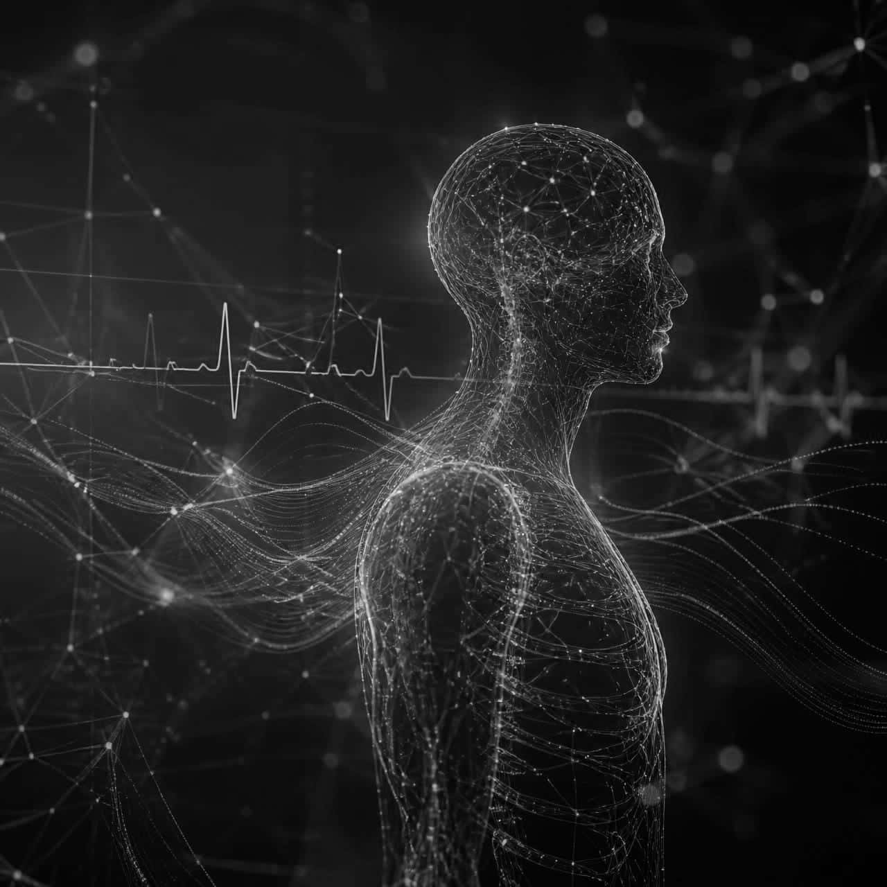 A human figure formed from a glowing clinical data network, with a heartbeat trace running through it