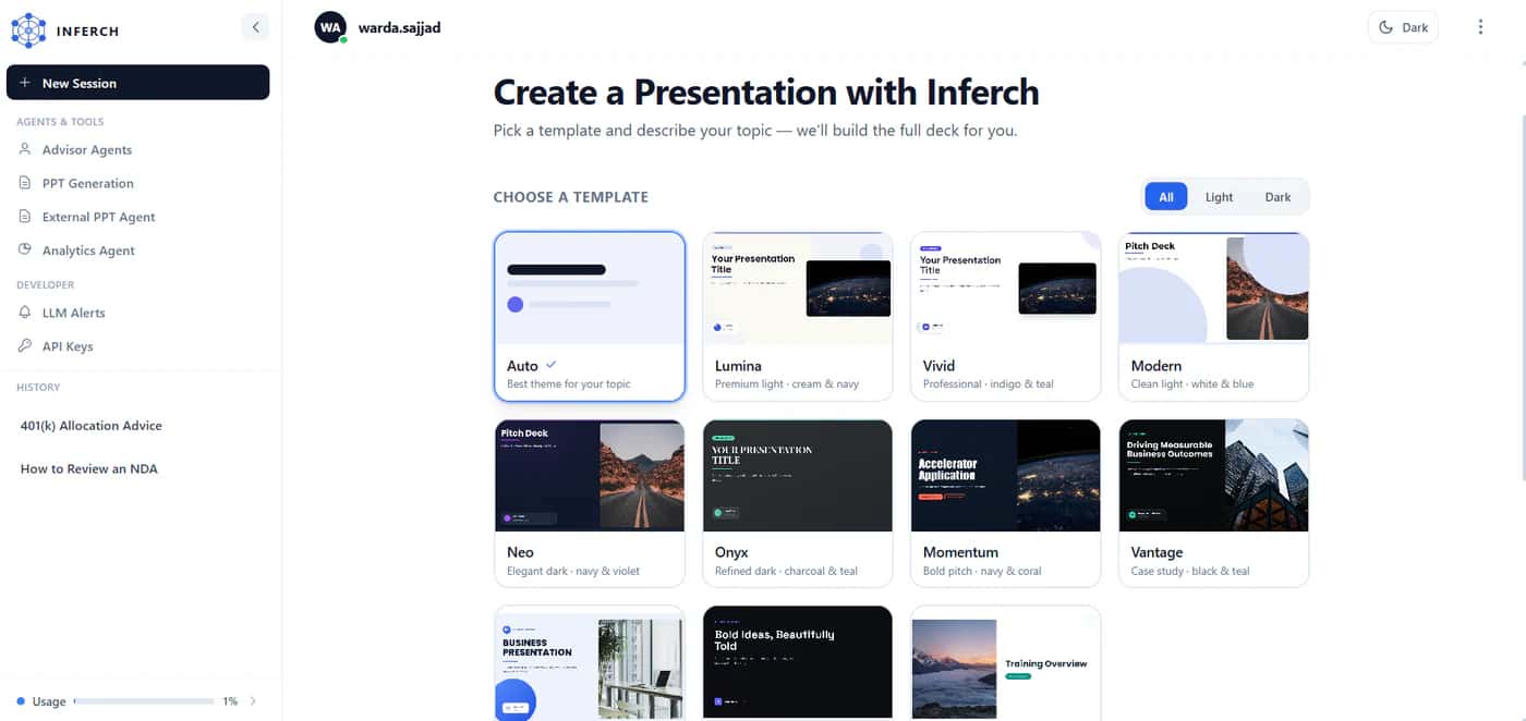 The Inferch presentation builder: a template picker with light and dark deck themes, beside a sidebar listing Advisor Agents, PPT Generation, External PPT Agent and Analytics Agent.