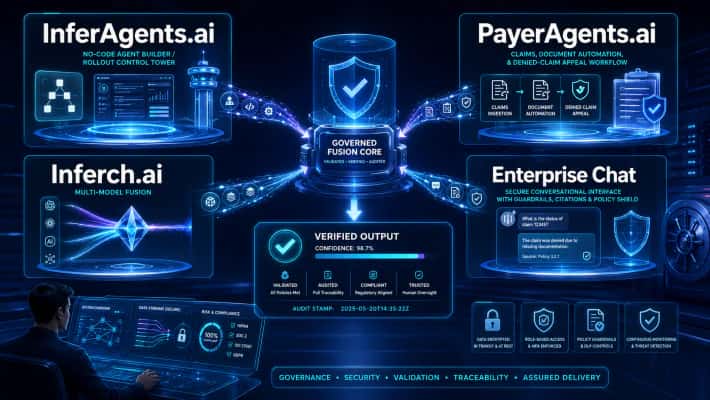 InferAgents.ai, Inferch.ai, PayerAgents.ai and an enterprise chat interface all feeding a governed fusion core that returns a validated, audited and verified output.