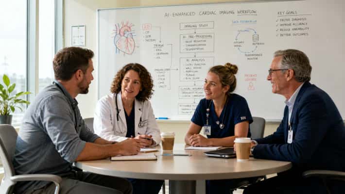 Clinicians and a manager meeting around a table in front of a whiteboard mapping an AI-enhanced cardiac imaging workflow.