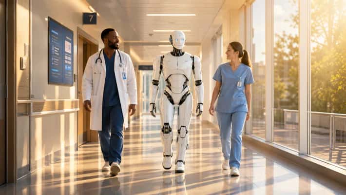 A doctor and a nurse walking down a sunlit hospital corridor with a humanoid robot between them.