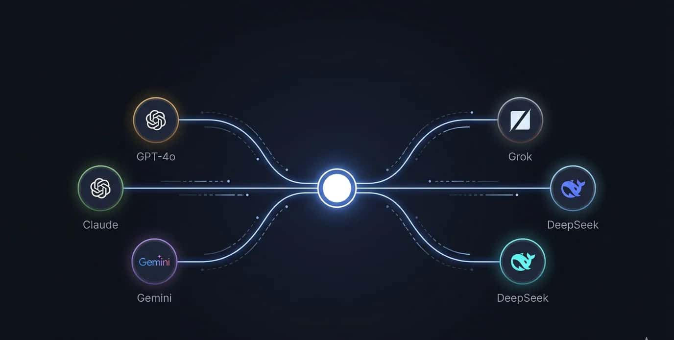 Six foundation models, GPT-4o, Claude, Gemini, Grok and two DeepSeek models, connected by glowing lines to a single central hub.