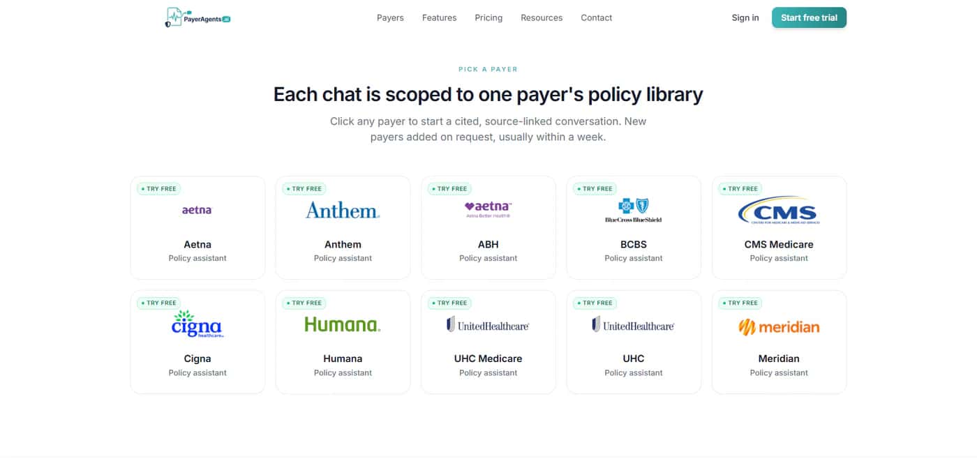 The PayerAgents payer library: policy assistants for Aetna, Anthem, ABH, BCBS, CMS Medicare, Cigna, Humana, UHC Medicare, UHC and Meridian, each scoped to that payer.