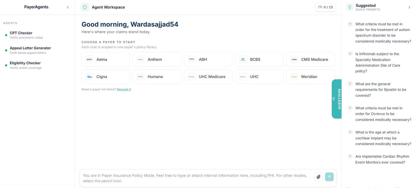 The PayerAgents agent workspace, with a CPT Checker, Appeal Letter Generator and Eligibility Checker in the rail, a payer picker in the centre and suggested policy questions alongside.