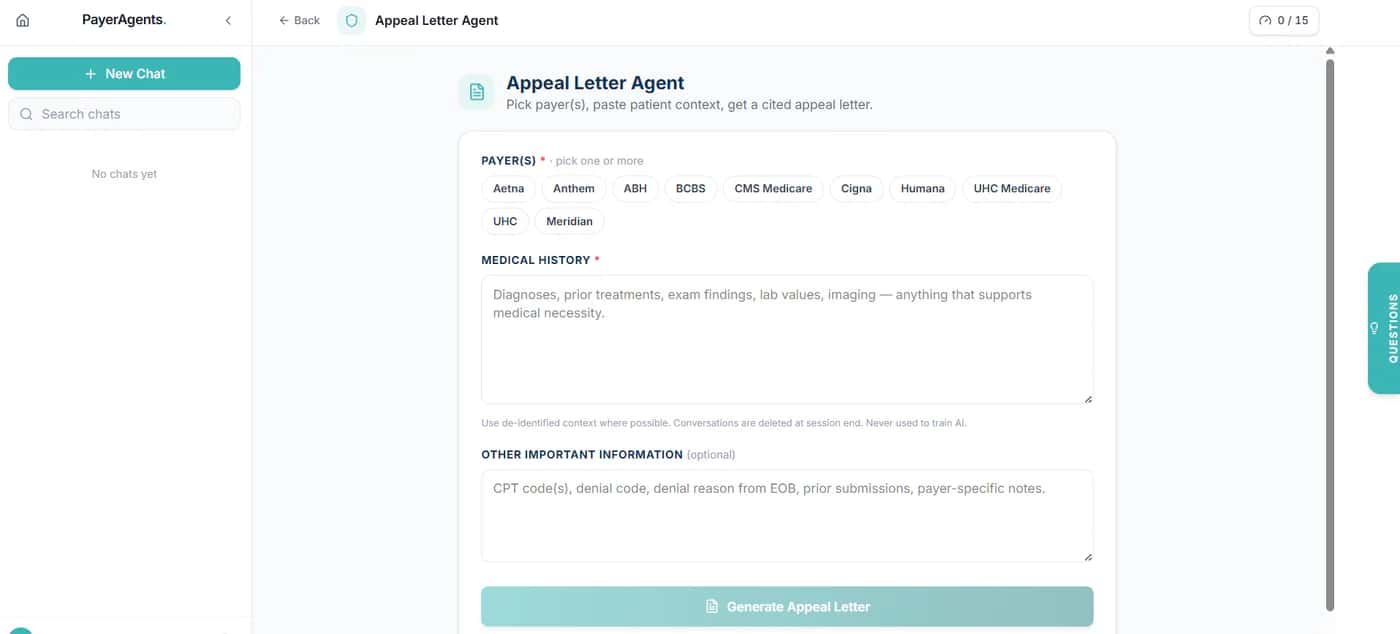 The PayerAgents Appeal Letter Agent: pick one or more payers, paste the medical history and denial details, and generate a cited appeal letter.