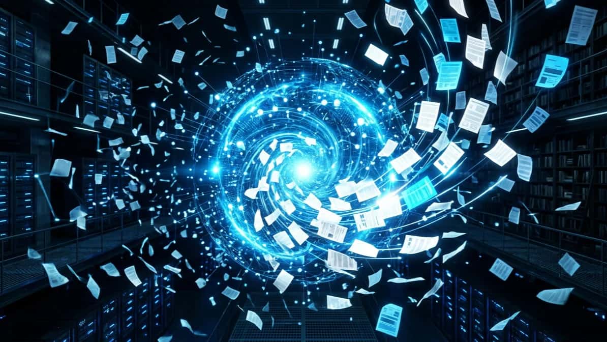 Documents swirling into a glowing data vortex between rows of servers and library shelves, representing a RAG agent absorbing an organization's documents.