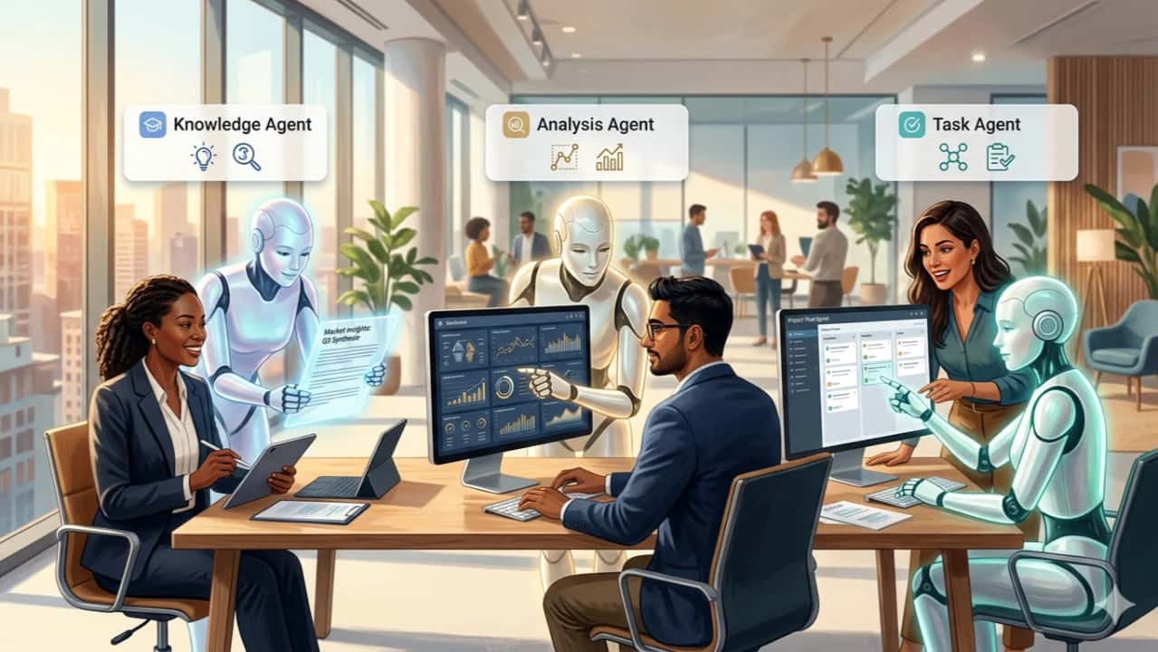 An office where three AI agents, labelled Knowledge Agent, Analysis Agent and Task Agent, each work alongside a person at a shared desk.