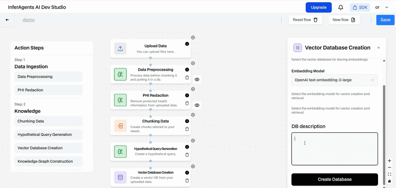 Vector Database Creation open in the Dev Studio, choosing an embedding model for the vector store beside the flow it belongs to.
