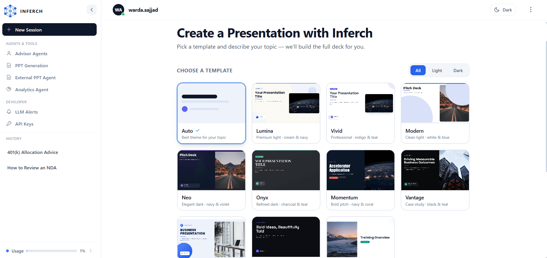 The Inferch presentation builder: a template picker with light and dark deck themes, beside a sidebar listing Advisor Agents, PPT Generation, External PPT Agent and Analytics Agent.