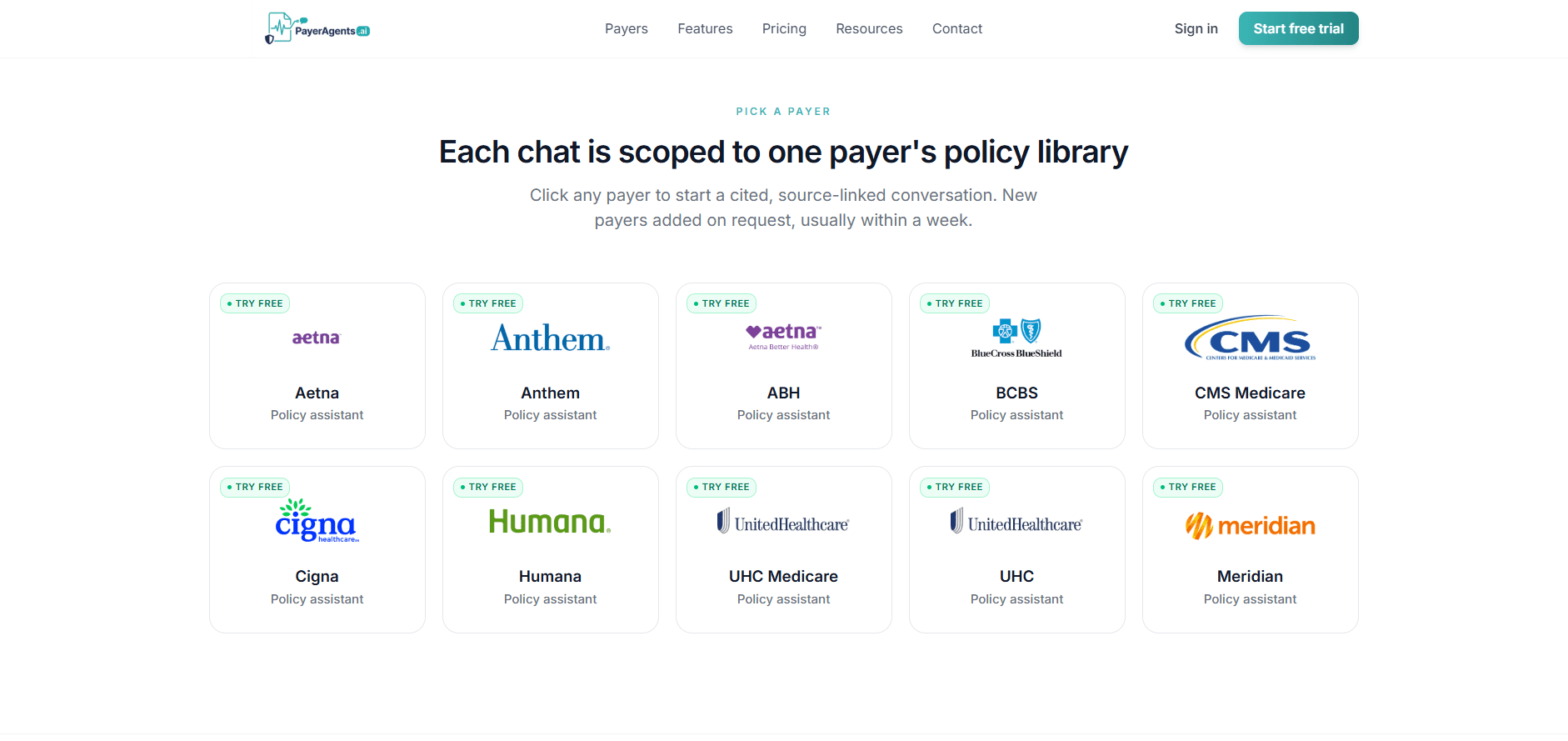 The PayerAgents payer library: policy assistants for Aetna, Anthem, ABH, BCBS, CMS Medicare, Cigna, Humana, UHC Medicare, UHC and Meridian, each scoped to that payer.