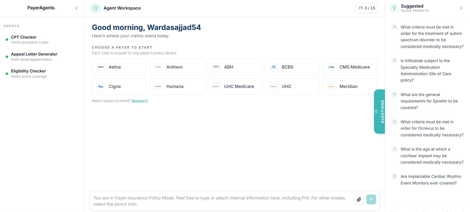 The PayerAgents agent workspace, with a CPT Checker, Appeal Letter Generator and Eligibility Checker in the rail, a payer picker in the centre and suggested policy questions alongside.