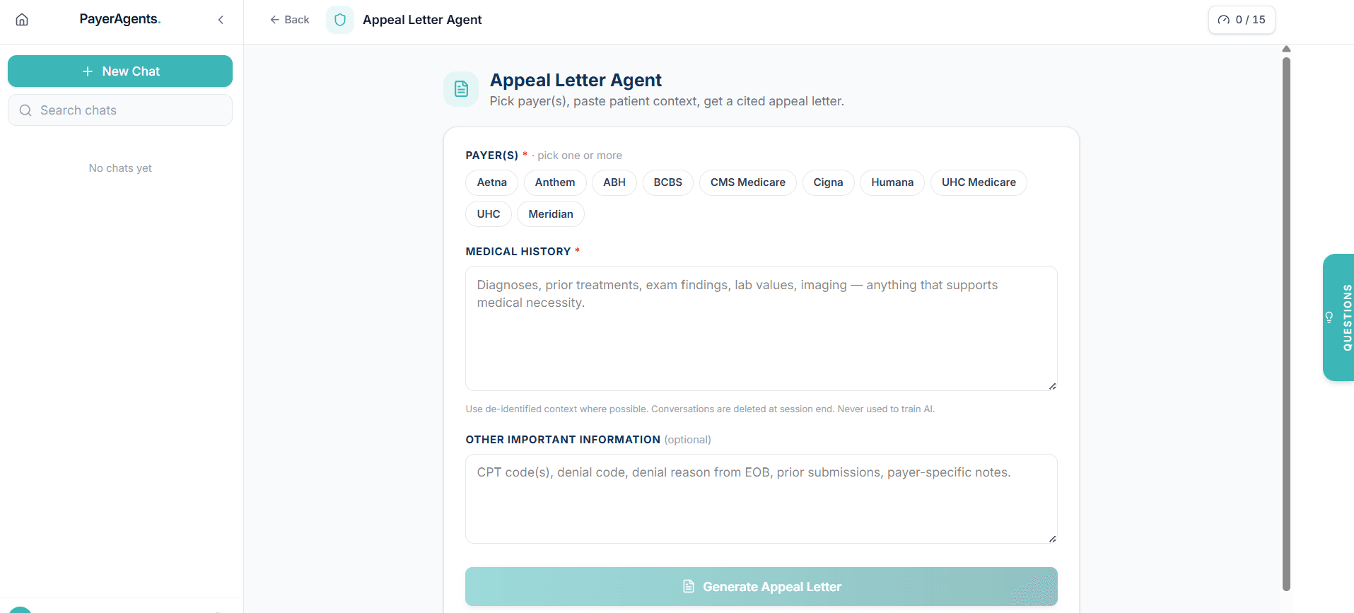 The PayerAgents Appeal Letter Agent: pick one or more payers, paste the medical history and denial details, and generate a cited appeal letter.